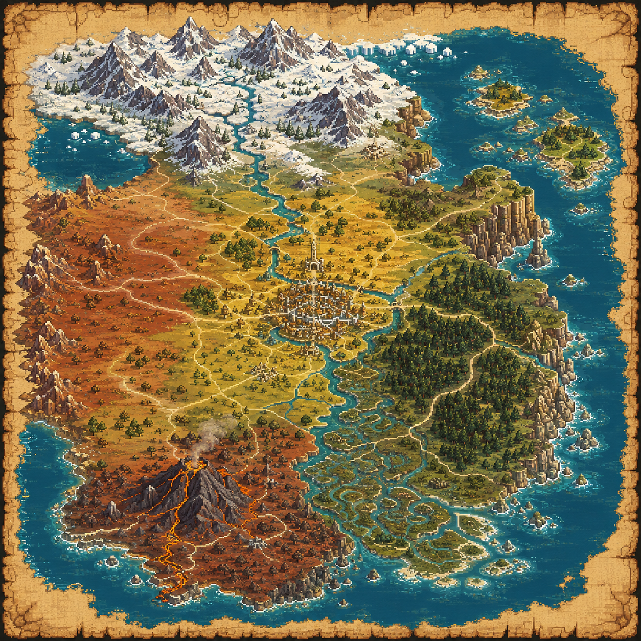Mapa pixel-art de Aurelia: montañas nevadas, un valle central, bosques, estepas volcánicas y un archipiélago